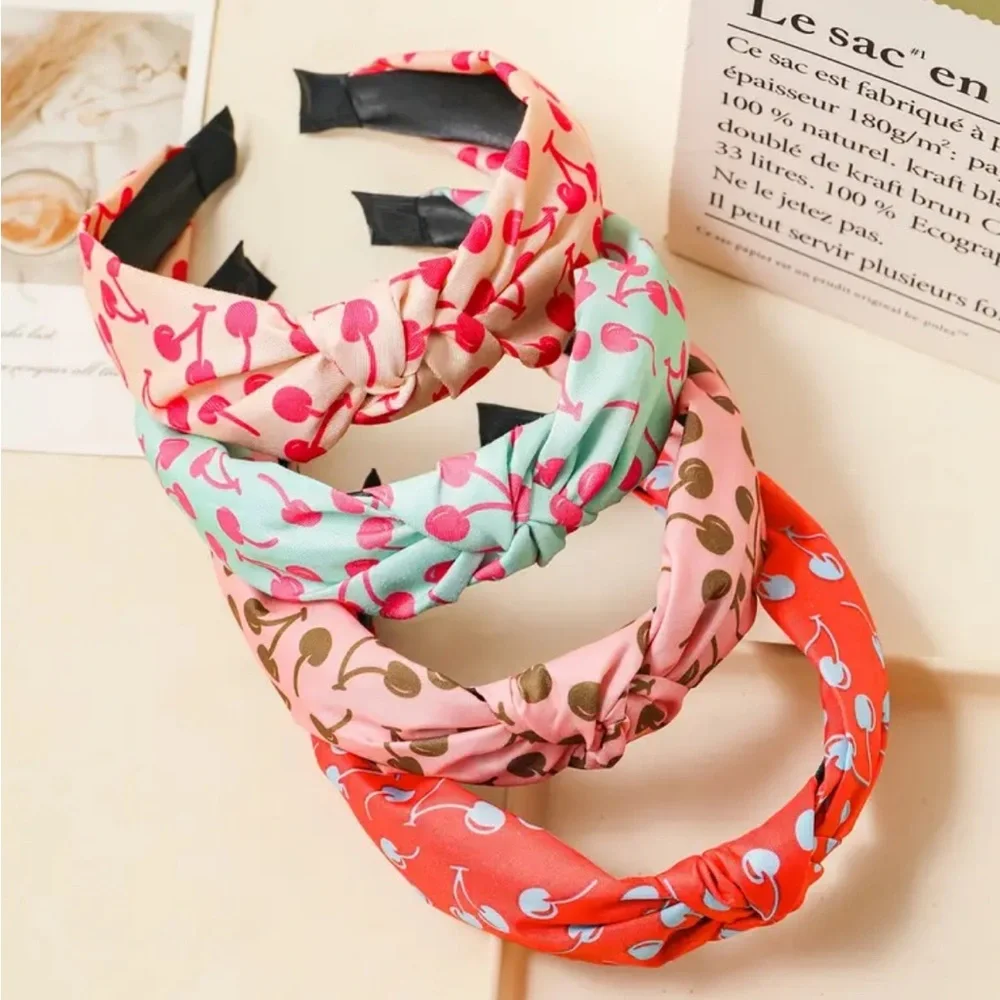 Green Pink Cherry Knotted Headband